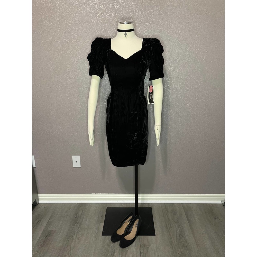VTG NWT Velvet Sweetheart Neck Mini Dress Bodycon Puff Sleeve Low Back Black 2